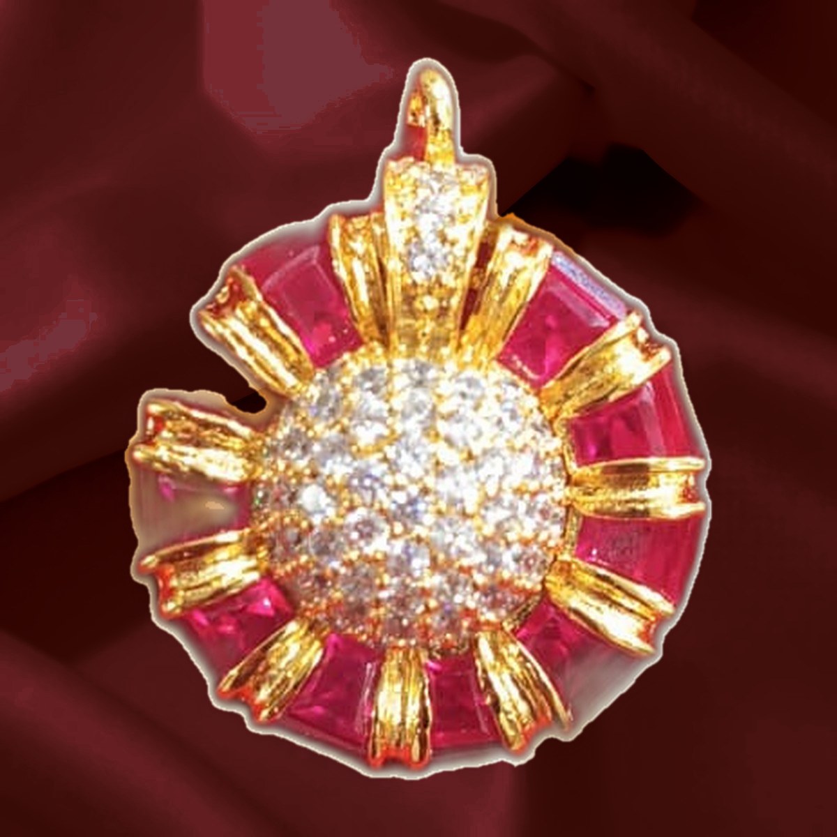 Ruby Cluster Pendant — Ruby baguettes around a diamond-tone dome